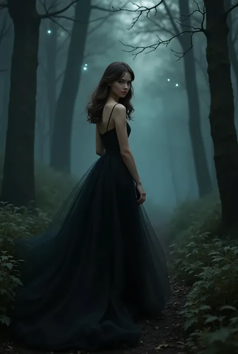 Beautiful brunette girl with brown eyes and shoulder length hair in elegant black dress walking through the forest at night 