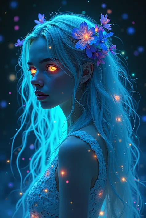 Strong backlighting makes the hair transparent, and there are many rays of light and lens flares.,The right half is drawn in ballpoint pen, the anime character is depicted in many colored flowers and stars flying toward her by a background of stars and col...