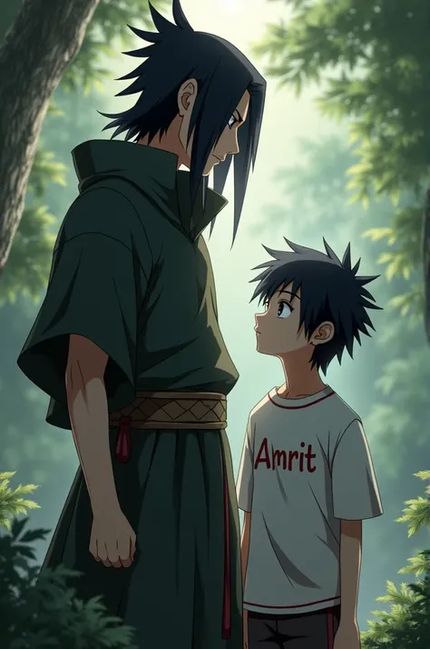 Itachi with a boy and boy wear a t shirt and t shirt name is Amrit