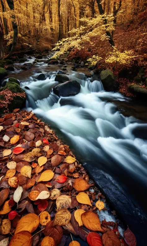 A stream running through the forest，Bird&#39;s-eye view of the trees surrounded by leaves, beautiful flow feeling, Beautiful nature, vibrant water river, 水质极佳的river, flow water, water flow, really Beautiful nature, A flood of love and happiness, Surreal Fa...