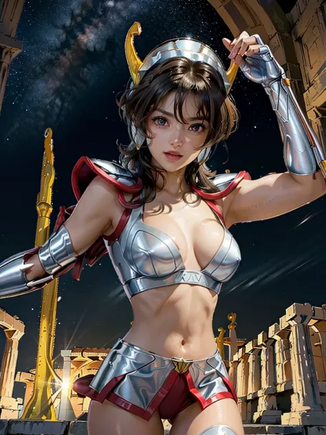 masterpiece, best quality, ultra high res, realistic skin texture,silver armor, armature, (photorealistic:1.4), high resolution, raw photo, 1 girl, shiny skin, (detail skin:1.2), realistic skin texture, best lighting, wearing red panty, (perfect breast:1.3...