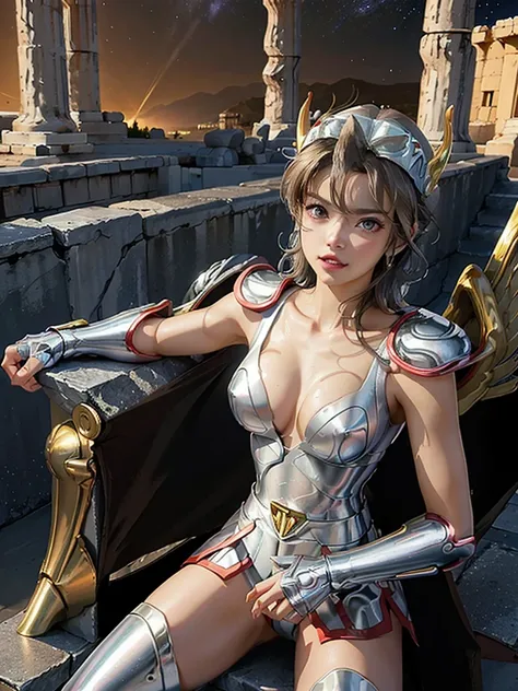 masterpiece, best quality, ultra high res, realistic skin texture,silver armor, armature, (photorealistic:1.4), high resolution, raw photo, 1 girl, shiny skin, (detail skin:1.2), realistic skin texture, best lighting, wearing red panty, (perfect breast:1.3...