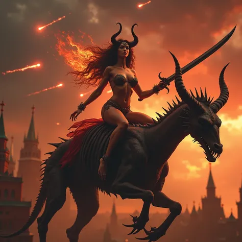 full length sexy Goddess of Revenge, she-devil, Big breasts ,naked body, Long horns, beautiful detailed eyes, beautiful detailed lips, very detailed face and body, with a Flaming Sword in his hands, rides on a skeleton - a dragon, burning ruins above the B...