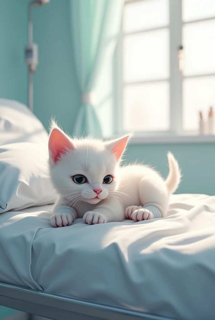 The white small cat let down in hospital bed with hand foot bandegeged