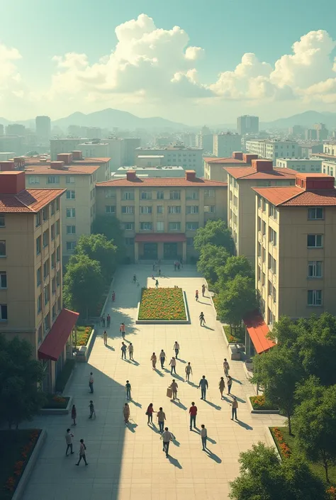 Create a realistic picture of a communist state: A quiet town with simple apartment blocks, People in everyday clothes in a central square, Community gardens and functional architecture. There is a simple, orderly atmosphere.