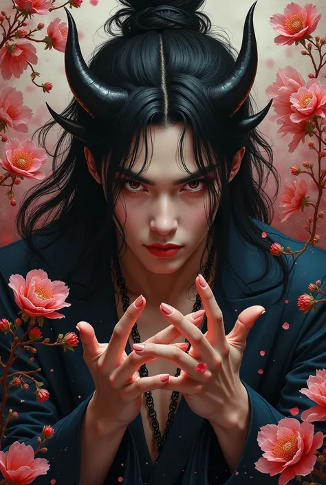 Beautiful demon man painting,Beautiful demon man painting, Vicky Chao, The superhuman strength of a demon, The strong demon, Unrivaled strength, The demon king with unparalleled supernatural powers, A beautiful demon man, Sharp eyes with slit length, Beaut...