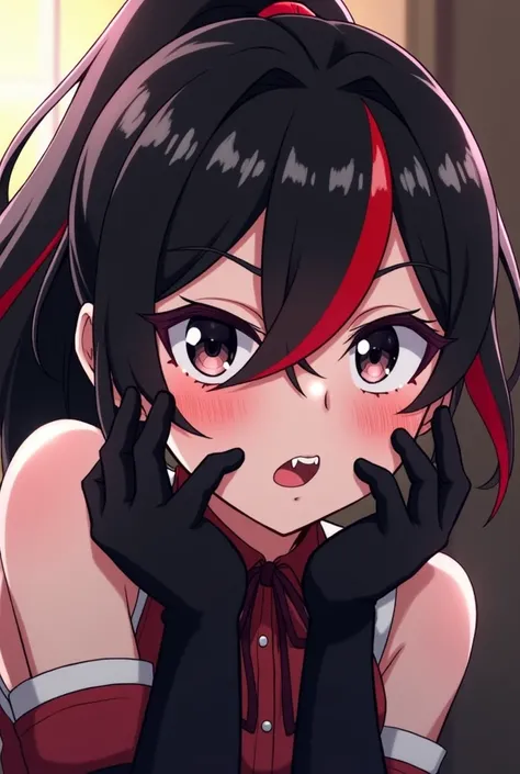 My hero academia screencap, female with Black and red hair, She has a high ponytail, light black eyes, and wears long black gloves. She has short fangs (she is blushing cutely and brightly).