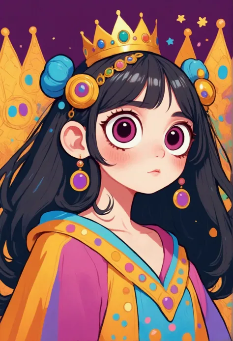 big eyes、cartoon girl with a crown on her head, rich and colorful illustration, cute cartoon, Lovely art style, rich and colorful! role conception, Hand drawn cartoon art style, Lofi art style, rich and colorfull illustration, Fantasy psychedelic anime, Re...