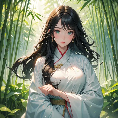 A beautiful girl with black long hair, wear white ancient chinese clothes, with the sun shining on her face, close up.

The back is a lush green bamboo forest. The air after rain has water droplets splashing around.