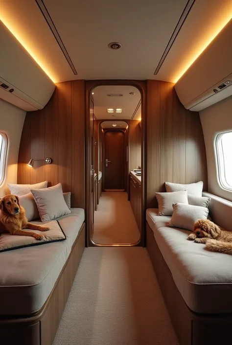 I want a room on a plane that has a pet bed, a television, and a bathroom that has a bed.