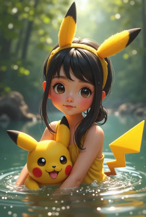 Realistic portrait, Pikachu style, girl playing in the water, with 1 dog.