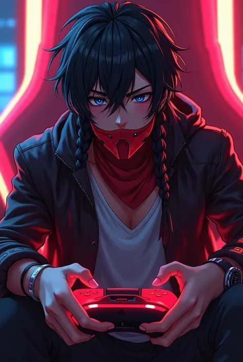 A beautiful anime boy with black hair braided in Asia, his hair reaches his shoulders.,African American race cinnamon skin color , sexy cyberpunk style, wearing a high-tech red mask on his mouth, Red neon lights , and red high-tech clothing ,  blue semi-sl...