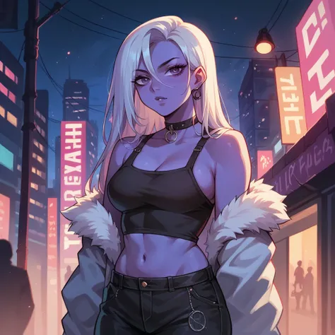 anime girl in city lights, with aesthetic outfit with a text "Amethyst" on her outfit