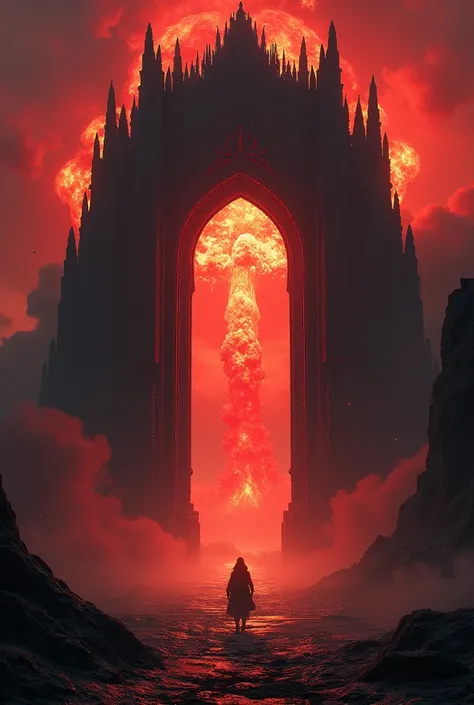 Entrance to pandeminium with nuclear detonation in red background