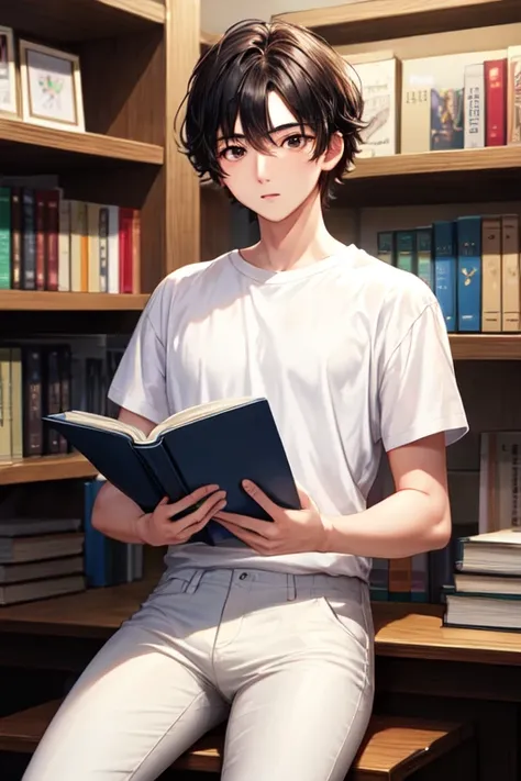 full HD image, clear, without noise, animated 20 year old man, black hair, brown eyes, comma hair style, wearing a white shirt, black pants, holding a book,