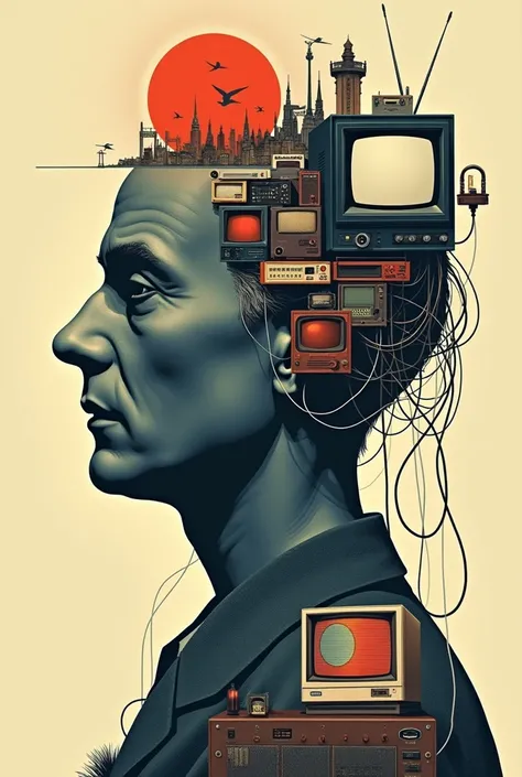 Make a photo of herbert marshall Mcluhan ,make it just an art ,make it two color,put media technologies around it put old television and old. Computer put it in that head make it two color art put the TV on face ang put wire connected to each other make th...