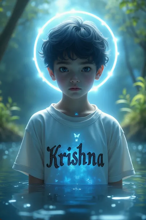 A boy with blue skin such that KRISHNA is written on his tshirt 