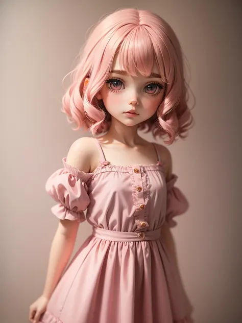 Blythe doll with  short wavy hair　Pink Dress　watercolor