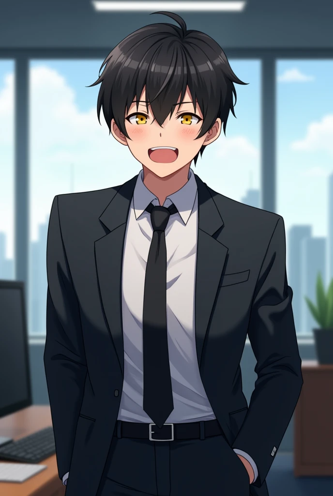 1 adult male, Contractor, Wearing a suit, pleasant, black hair, Yellow eyes, laughing, highest quality, black tie, In the office, Anime art style, uncle