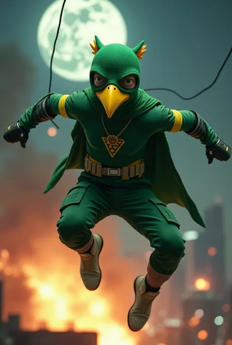 Solo Malaysia Indonesia man. Mature. Short man physical. Tiongman 20 year old., a boy . Teenage short body. ((wear helmet like bird green. Yellow torn bird..birds beak yellow on the nose helmet))((wear jumpsuit.)) ((Domino green bird mask. ))Green shirts. ...