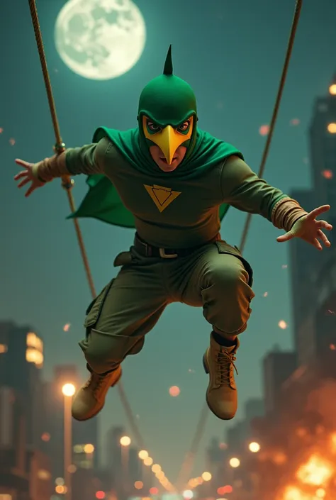 Solo Malaysia Indonesia man. Mature. Short man physical. Tiongman 20 year old., a boy . Teenage short body. ((wear helmet like bird green. Yellow torn bird..birds beak yellow on the nose helmet))((wear jumpsuit.)) ((Domino green bird mask. ))Green shirts. ...