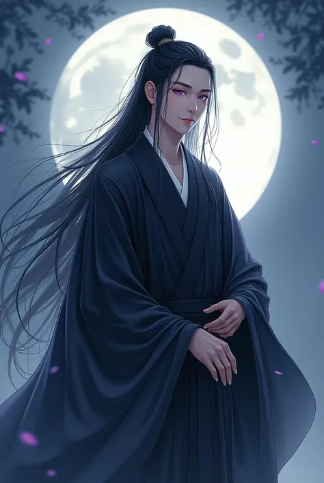 The male，Male，Black Hanfu，long  black hair，Long flowing hair，Wide robe with large sleeves，Ancient wind，Solid color clothes，The clothes do not have any patterns，laughingly，softlighting，water ink，Behind it is the full moon，low-saturation，low-contrast，led flo...