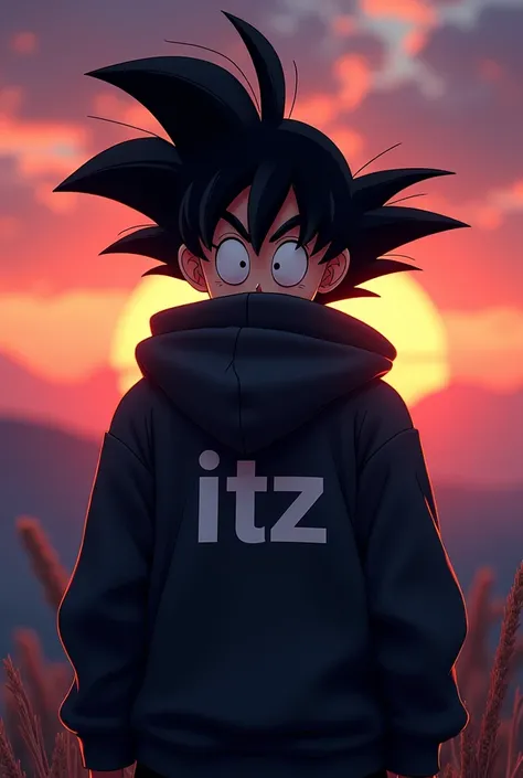 a Goku like head with a black hoodie in the back of the hoodie, there is a word "Itz" , and he is in a sunset