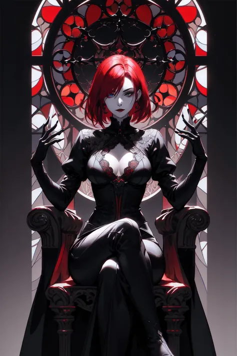 Vampire woman with red hair and blue eyes，short hair, young，(((Oval face)))，Dark clothing，Soft and melancholy face，Beautifully，No wrinkles，Gothic style，Synthwave meets Art Nouveau，Bold and smooth lines，Dynamic composition of organic Art Nouveau patterns，Ch...