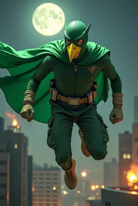 Solo Malaysia Indonesia man. Mature. Short man physical. Tiongman 20 year old., a boy . Teenage short body. ((wear helmet like bird green. Yellow torn bird..birds beak yellow on the nose helmet))((wear jumpsuit.)) ((Domino green bird mask. ))Green shirts. ...