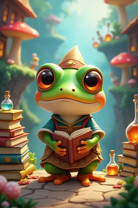 Une  grenouille dans un style mignon et jeux vidéos qui vend des livres et des potions 