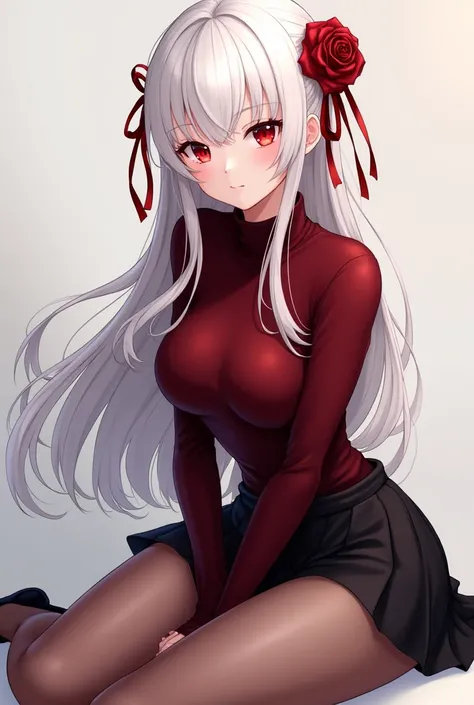 Beautiful anime woman with long white hair tied back in a loose bun and blood red eyes. Wearing a dark red turtleneck sweater tucked into a short black skirt, and pantyhose with high heels. A rose and some red ribbons decorate her hair. Posing for the came...