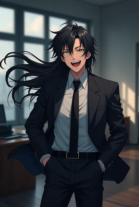 1 adult male, Contractor, Wearing a suit, pleasant, black hair, Yellow eyes, laughing, highest quality, black tie, In the office, Anime art style, uncle, Dark impression, long hair