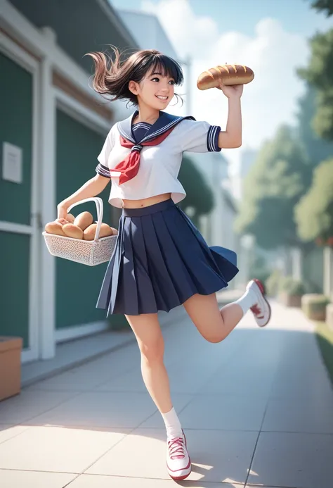 A high school girl in a sailor suit jumping with a smile while holding bread in the schoolyard