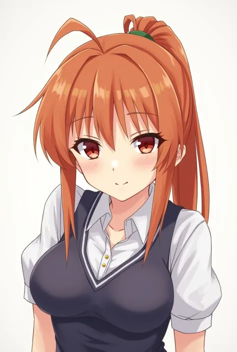 Rei has waist-length orange-brown hair that is tied in a single small ponytail on the back of her head while she leaves the rest of her hair down with bangs hanging over her face while she has two strands sticking out above the rest of her hair, reddish-br...