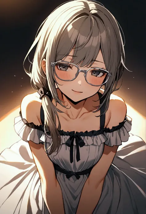 20 years old girl, salmon hair, black eyes, gray framed glasses, slightly mischievous face, low ponytail, wearing a dress