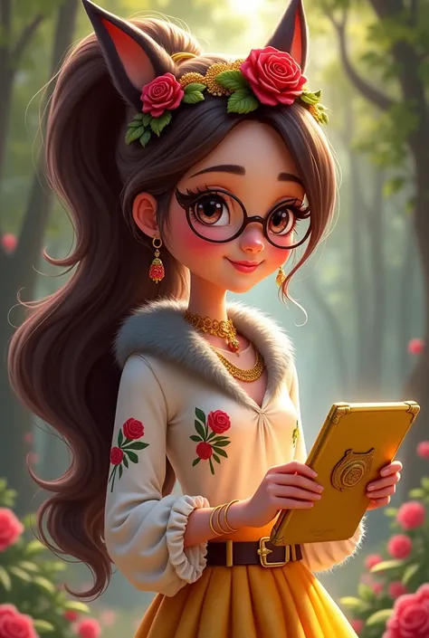 Imagem da filha da Ramona Badwof e da Rosabella Beauty de Ever After High: A long wavy brown ponytail with red streaked bangs, first of all, light brown eyes, brown glasses with a red rose, long white blouse with red roses and green leaves on the blouse an...