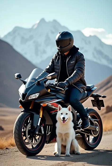 Reedham a stylish boy wearing helmet with yamaha R1 and a white  huskey in ladakh with wise angle view