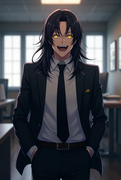 1 adult male, assassin, Wearing a suit, pleasant, black hair, Yellow eyes, laughing, highest quality, black tie, In the office, Anime art style, uncle, Dark impression, long hair, 