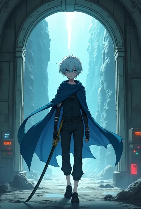 Create a boy with short white hair with cyan blue highlights hairstyle, without the left arm and with scars on the right eye in an environmental underground facility exiting a portal to another apocalyptic reality, The boy wears a dark futuristic suit with...