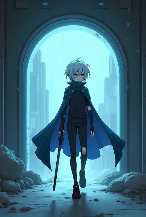 Create a boy with short white hair with cyan blue highlights hairstyle, without the left arm and with scars on the right eye in an environmental underground facility exiting a portal to another apocalyptic reality, The boy wears a dark futuristic suit with...