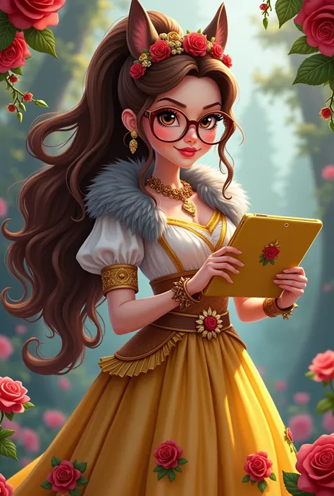 Imagem da filha da Ramona Badwof e da Rosabella Beauty de Ever After High: A long wavy brown ponytail with red streaked bangs, first of all, light brown eyes, brown glasses with a red rose, long white blouse with red roses and green leaves on the blouse an...