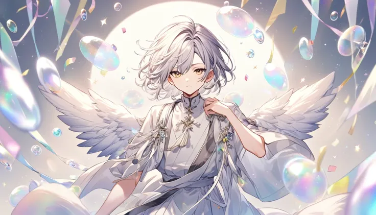 Silver-haired boy　neutral　A lot of gems　accessories　Light national costume　pastel colour　Fluttering　wing　Soap bubble　Sparkling　Confetti　whole body