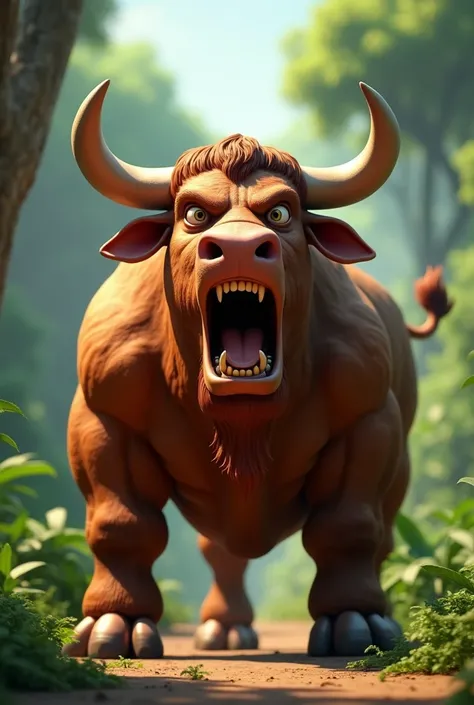 in 3d animation style"
strong, muscular ox standing proudly in the jungle, roaring loudly with an air of arrogance. The ox should look confident and powerful"