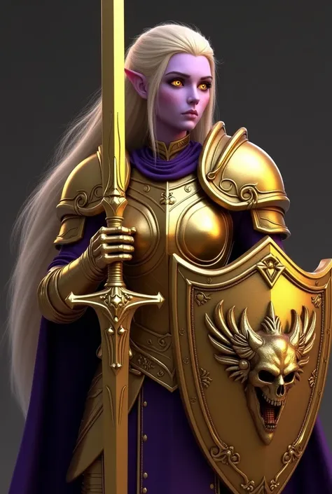 Tema del juego World of Warcraft Image of an female Blood elf Knight,aged 32,blonde Hair, standing holding her favourite golden sword and golden Shield(with griffon simbol),purple Skin, Long elf ears, bright glowing Golden eyes, Golden extremely realistic ...