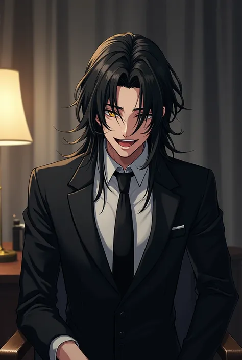 1 adult male, assassin, Wearing a suit, Pleasant personality, black hair, Yellow eyes, laughing, highest quality, black tie, In the office, Anime art style, Dark impression, long hair, 