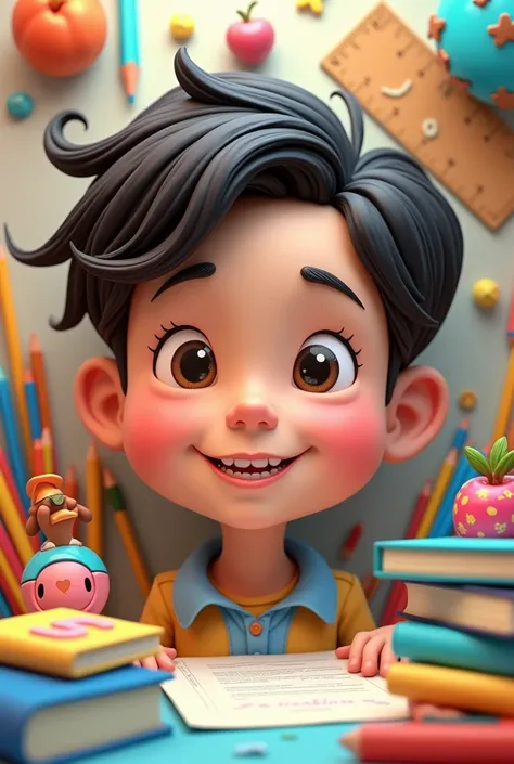 I want a 3D animated child&#39;s face with school stuff in the background To use as a badge background with spaces to put letters