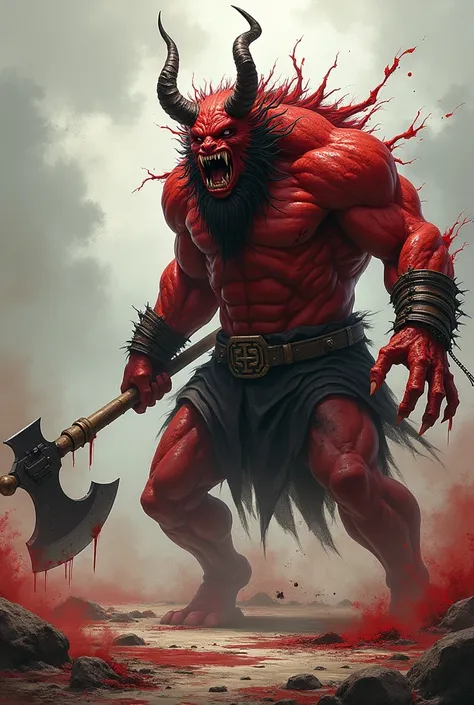 Create an original yokai named Kubinage Oni. This yokai has a large red body, wields an axe in its hands, attacks by aiming at the neck, has broken horns on its head, a bloodstained mouth, an expression of terrifying rage, and roars in a deep, guttural voi...