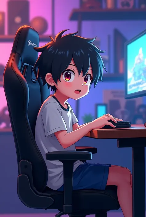 A anime boy is gaming in chair who is seeing us