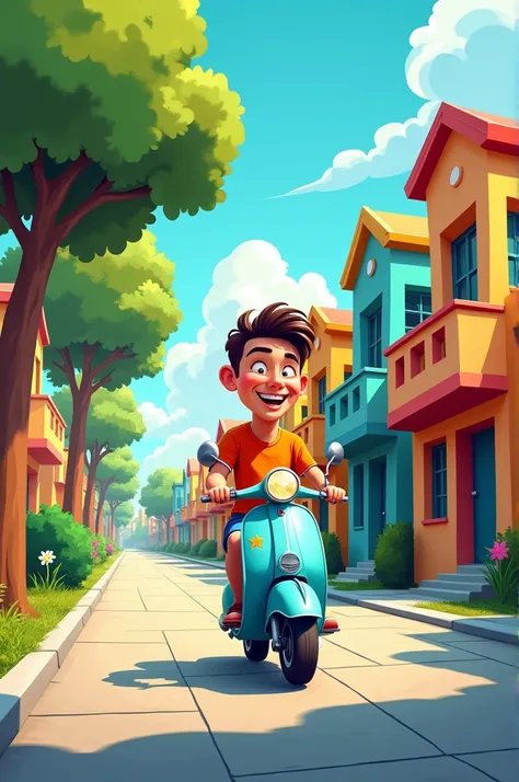 Cartoon face man riding on a scooter traveling to colorful house colony trees on side of road. 