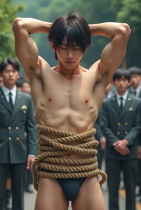 1boy、Handsome Men、Japanese male, 、Completely naked、Full nudity、erection、Huge penis、Highest quality、Realistic、beautiful、Sad look、 ((((Both arms were tied up with rope)))), ((((A very tight rope is crisscrossed over the chest)))),(((Body bound with tight rop...